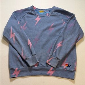 Aviator Nation blue and pink lightning bolt crew neck sweatshirt